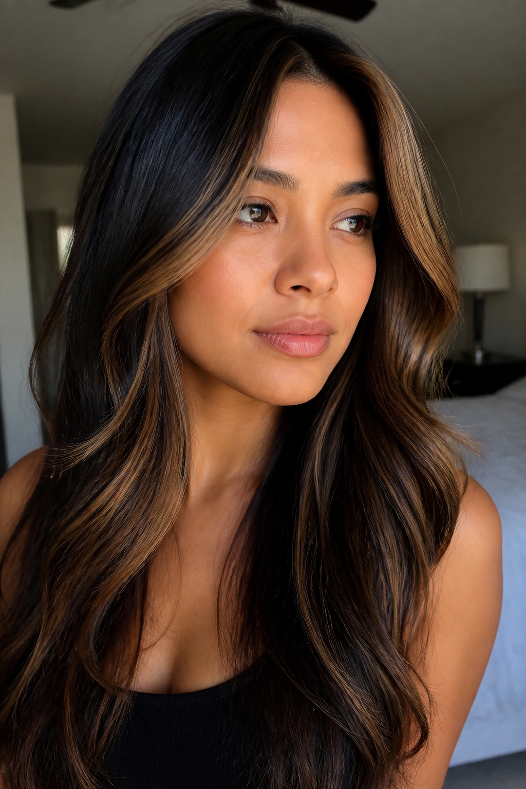 Close-up portrait of a real woman with soft caramel face-framing balayage and a dark crown in natural window light.