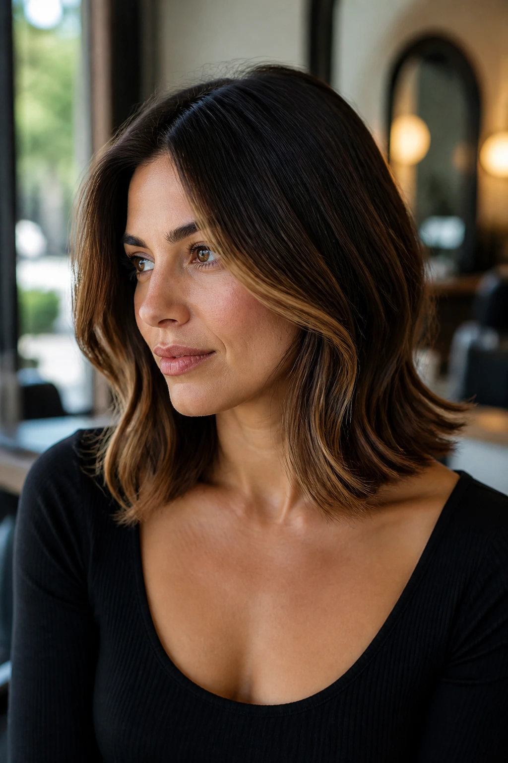 Close-up of collarbone-length lob with caramel face-framing and dark chocolate base