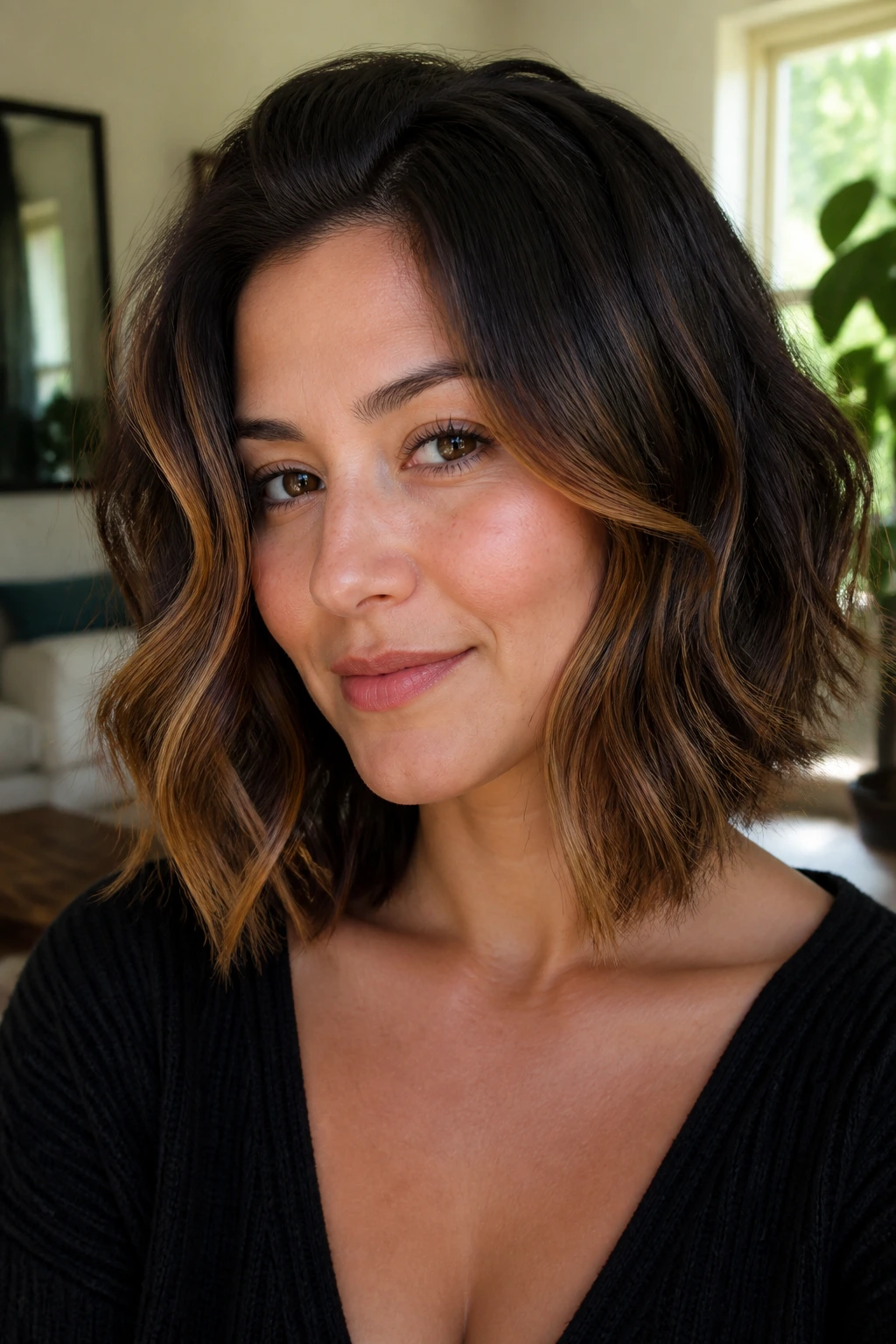 Real woman with a wavy collarbone cut and a low caramel frame