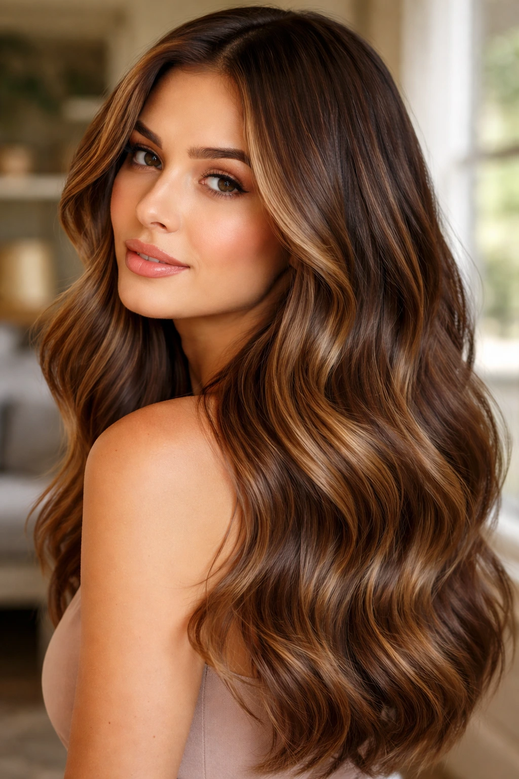 Real person with honey-caramel balayage close-up