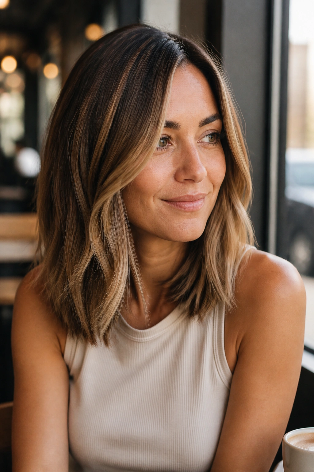 Close-up of shoulder-length lob with caramel ribbon balayage in brown hair.