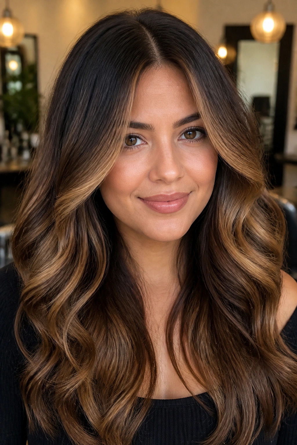 Close-up portrait of a real woman's hair showing face-framing caramel balayage with a shadow root