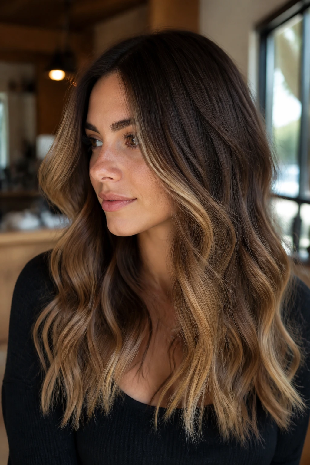 Close-up portrait of a real woman with brunette balayage showing caramel and vanilla ends.