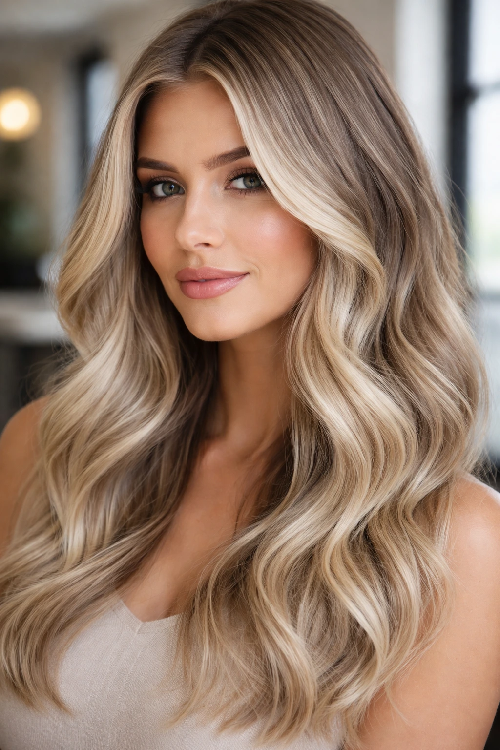 Close-up of a real woman with icy champagne balayage and ash blonde tones