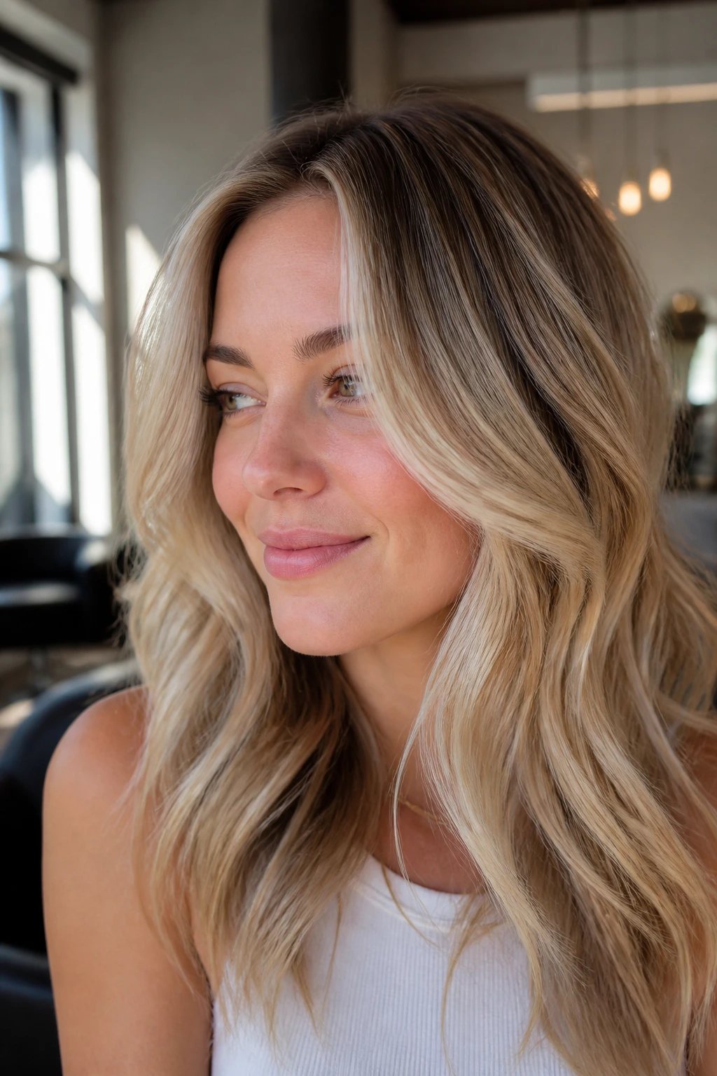 Close-up of a real woman with champagne balayage and lived-in roots