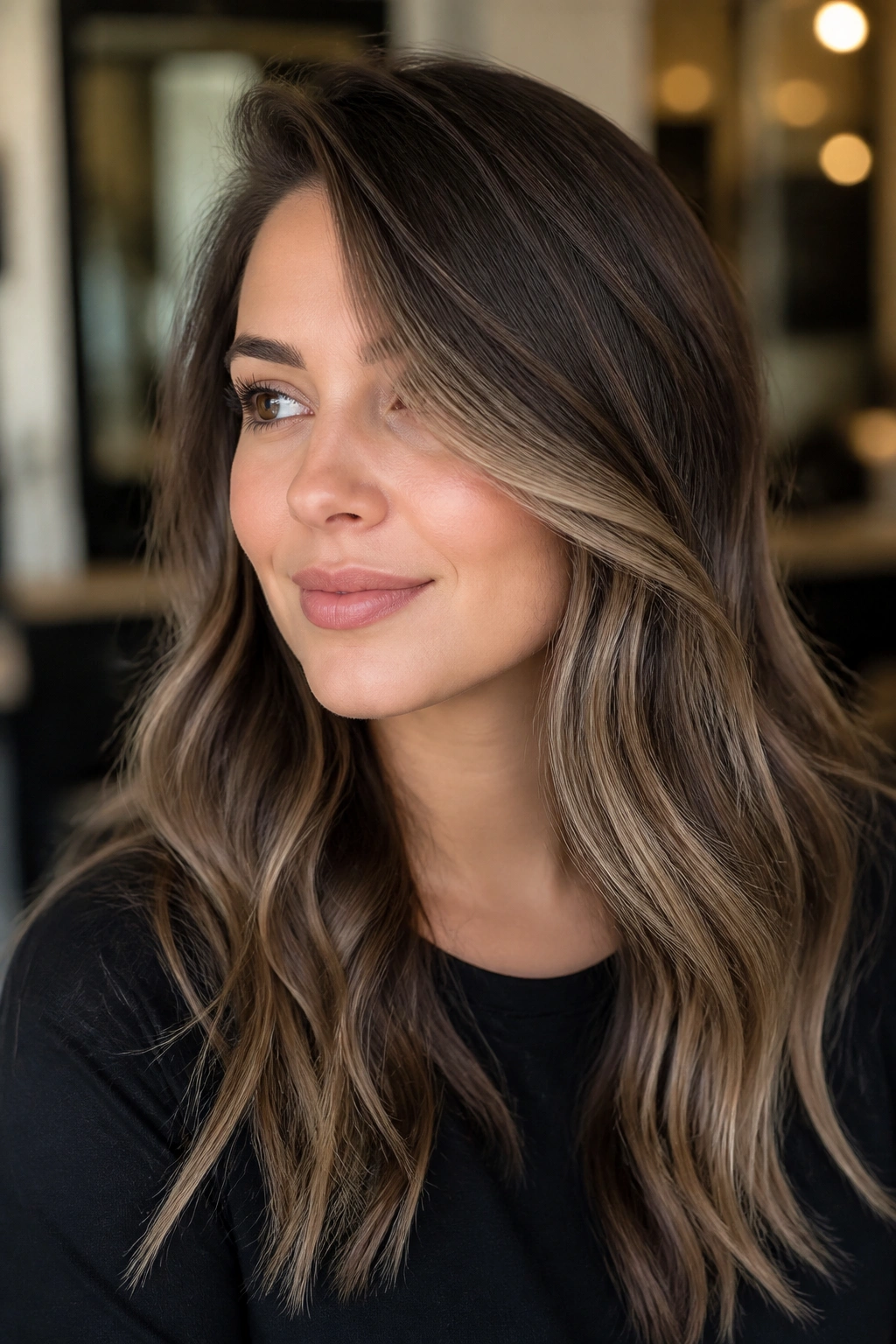 Portrait of a woman with cheekbone-skimming balayage and a deep side part
