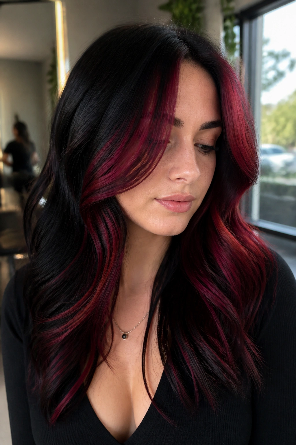 Close-up portrait of a real person with cool cherry balayage on black hair showing high-contrast red panels