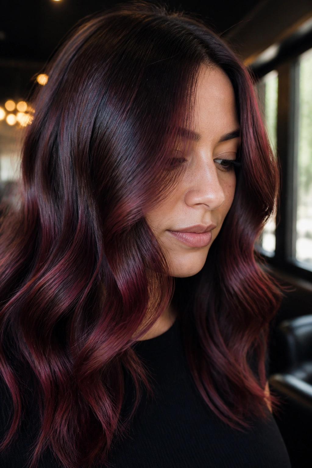 Close-up portrait of a real woman with cherry-cola red balayage on brown hair