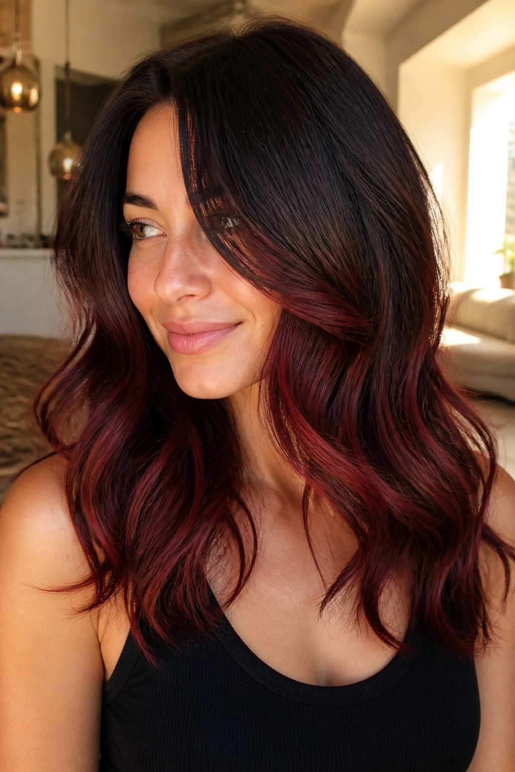 Close-up of real woman with dark brunette hair showing deep cherry cola auburn tones.