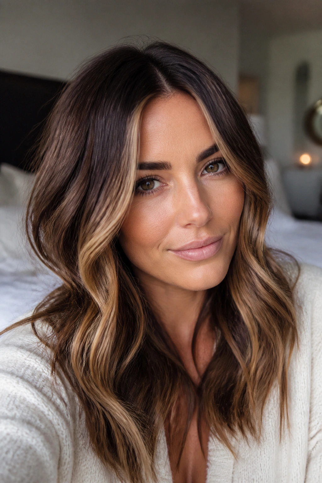 Close-up portrait of a real woman with chestnut brown hair and toasted almond balayage in natural window light