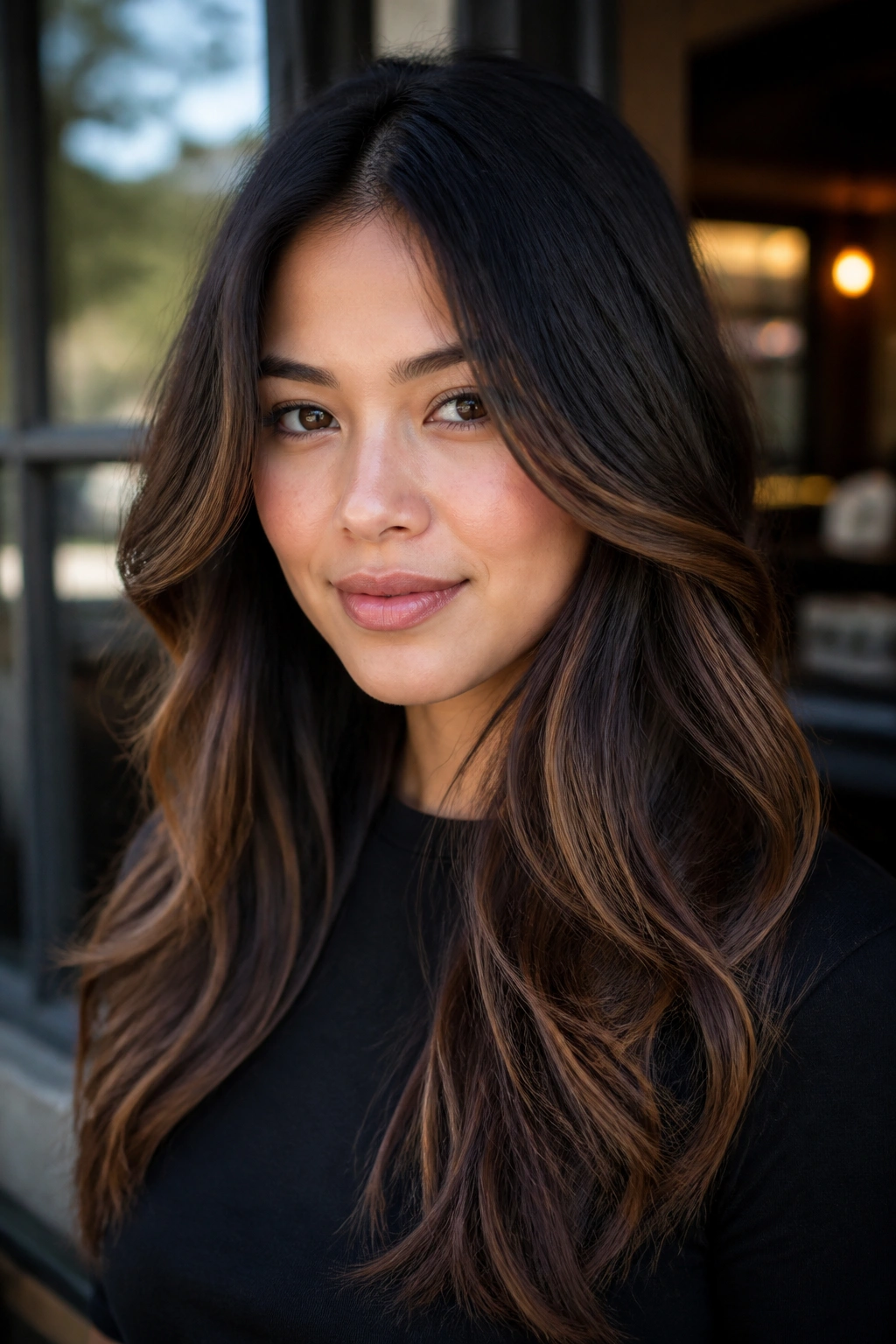 Portrait of a woman with black tea and chestnut balayage