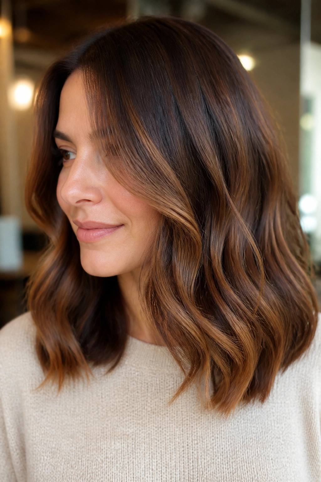 Close-up portrait of a woman with soft chestnut balayage on medium brown hair