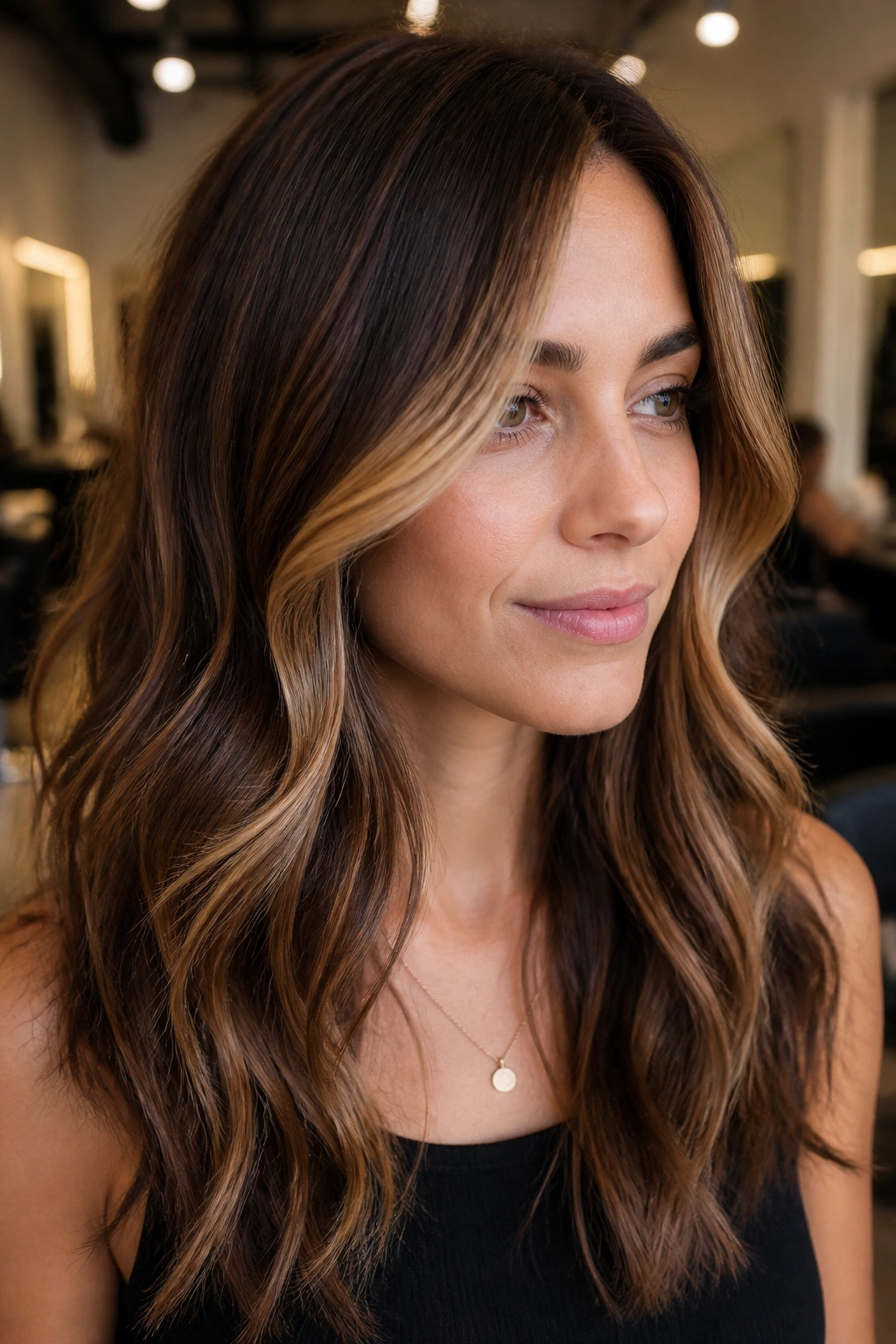 Shoulder-length chestnut brown hair with face-framing balayage on a real person