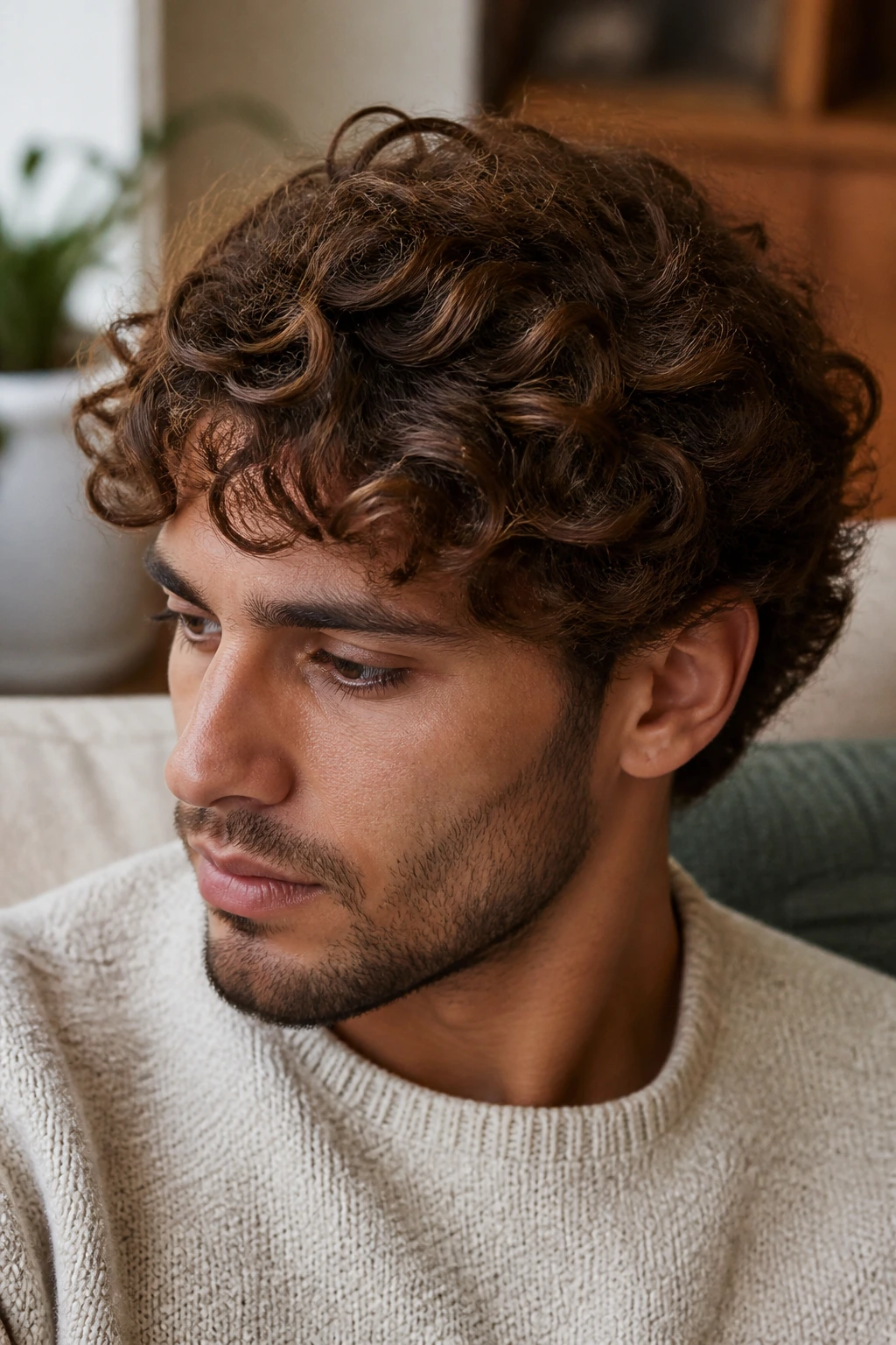 Close-up of curly hair with chestnut balayage adding warmth and depth