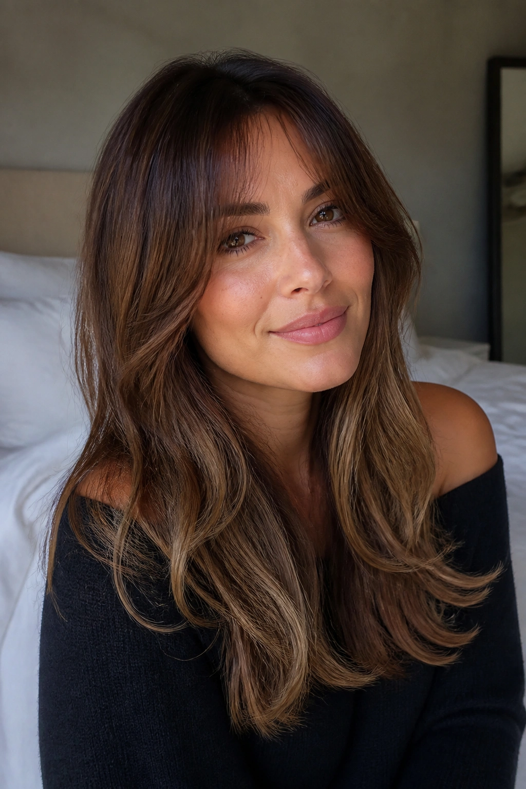 Close-up of chestnut brown hair with feathered curtain bangs on a real woman.