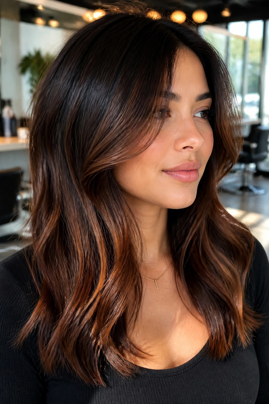 Close-up portrait of a woman with chestnut mahogany balayage skimming the cheeks