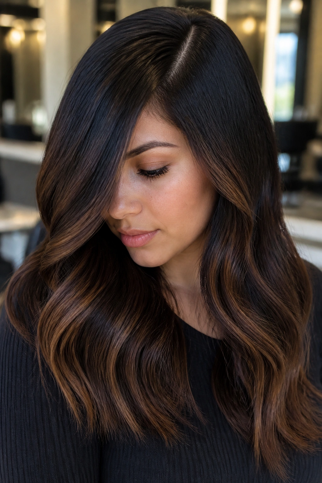 Portrait of a person with chestnut melt balayage and deep side part