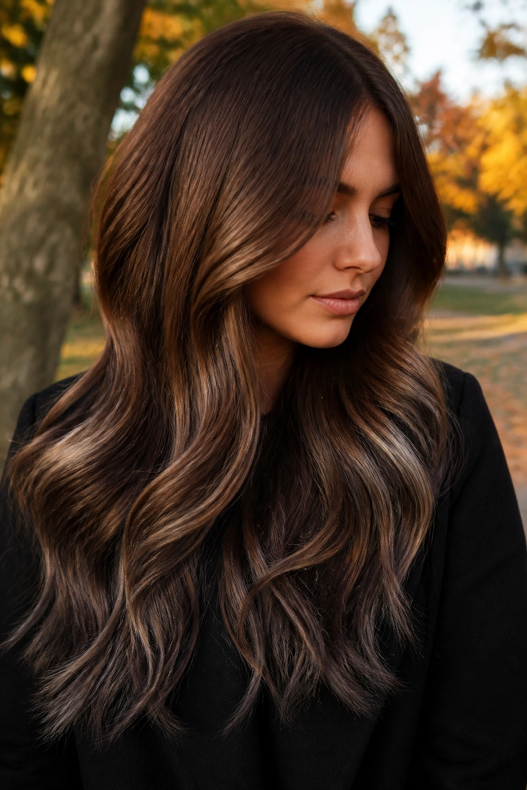 Close-up of brunette with chestnut brown balayage and smoky ends