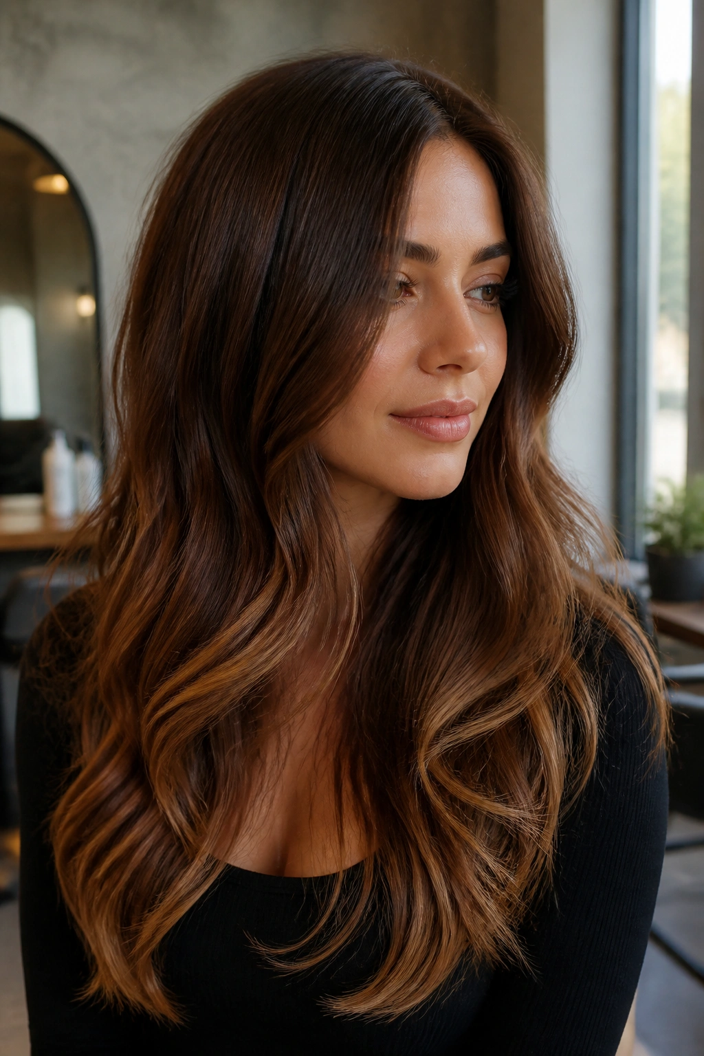 Portrait of a real woman with chestnut brown hair and melted toffee ends.