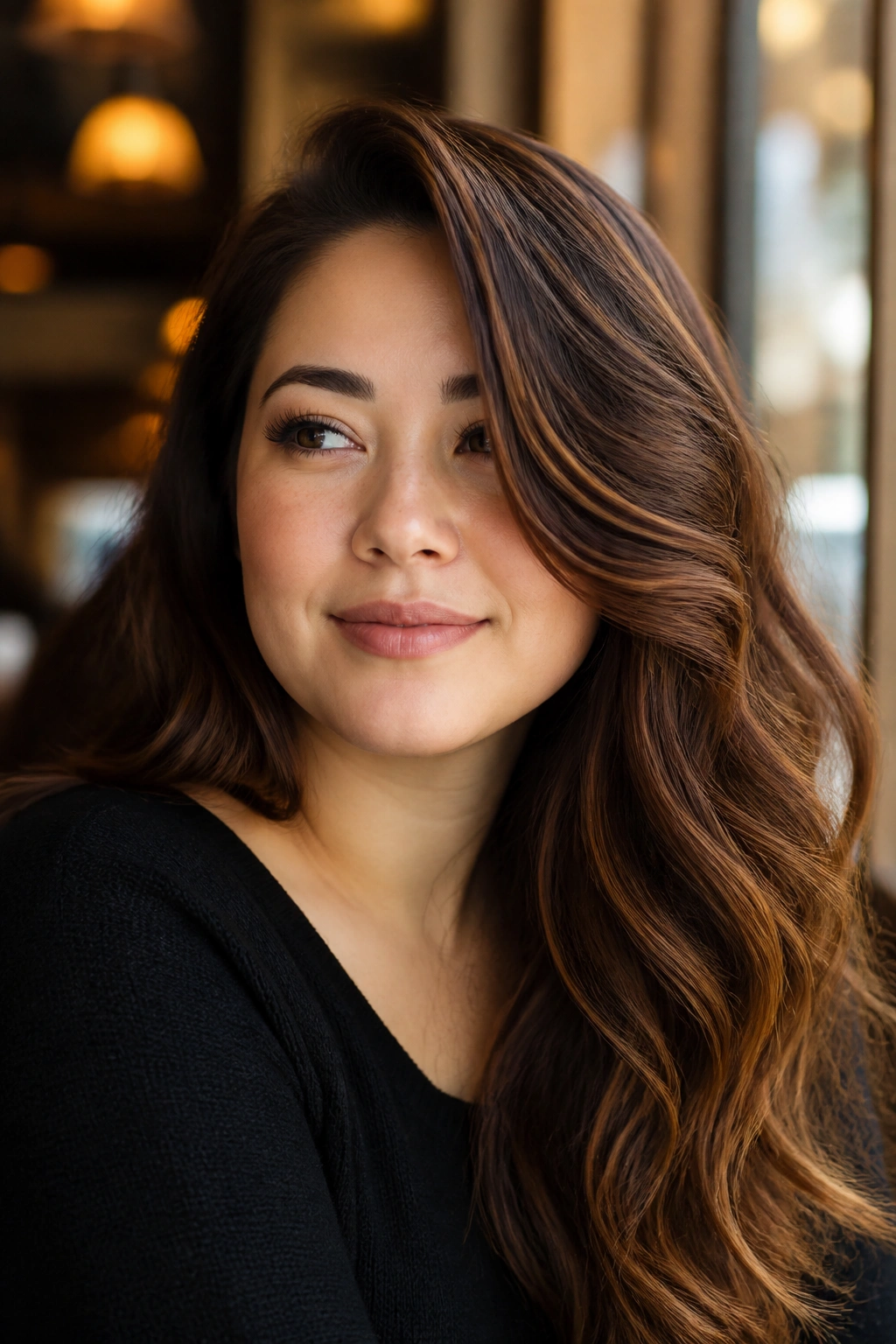 Close-up portrait of a woman with chestnut balayage waves and a side part in warm cafe light.