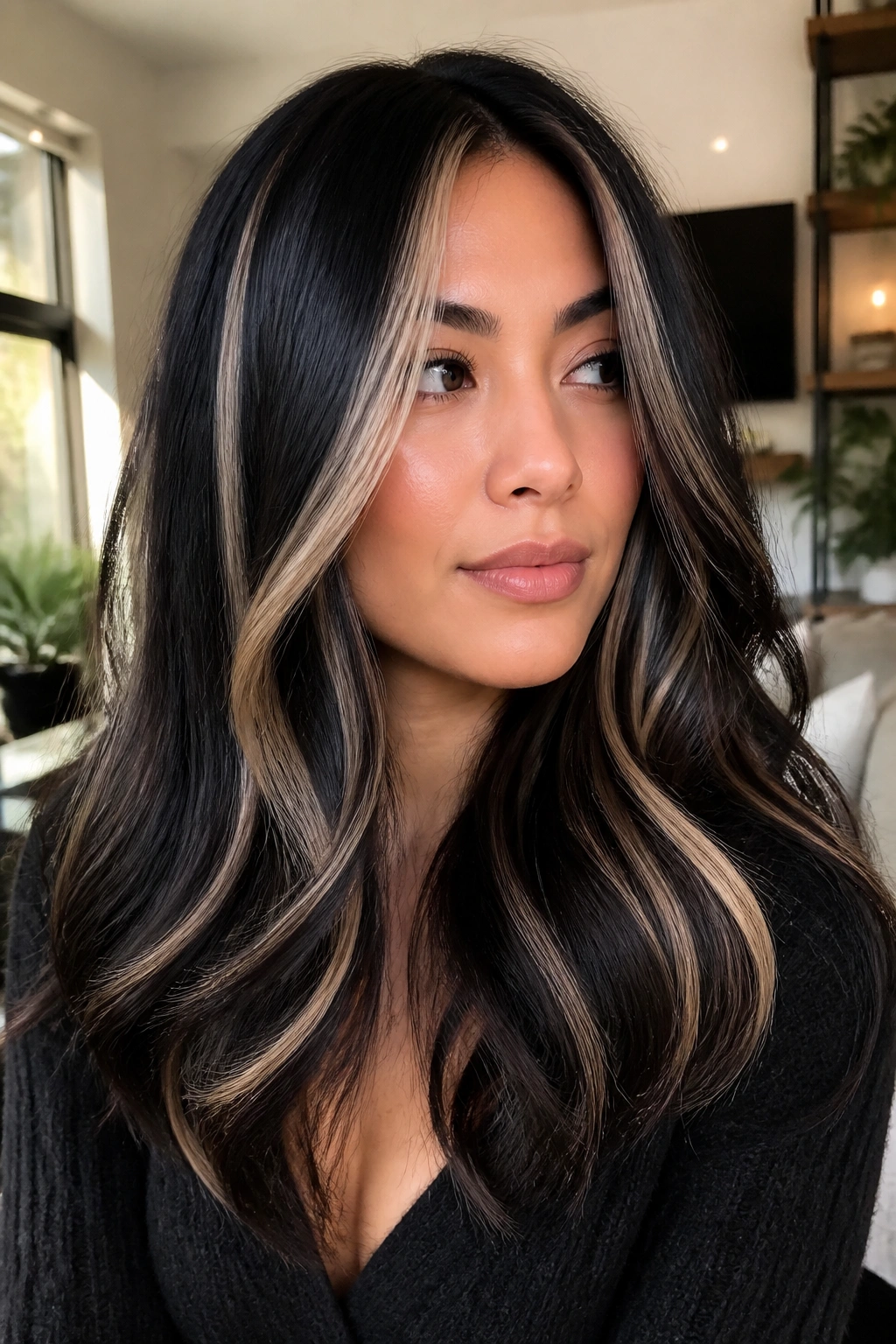 Portrait of a woman with chunky ribbon highlights on a black base balayage