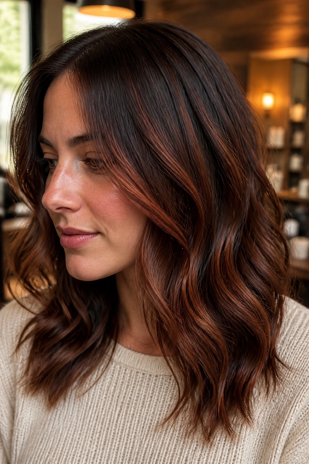 Close-up of real woman with chocolate brown hair showing cinnamon red auburn ribbons woven in.