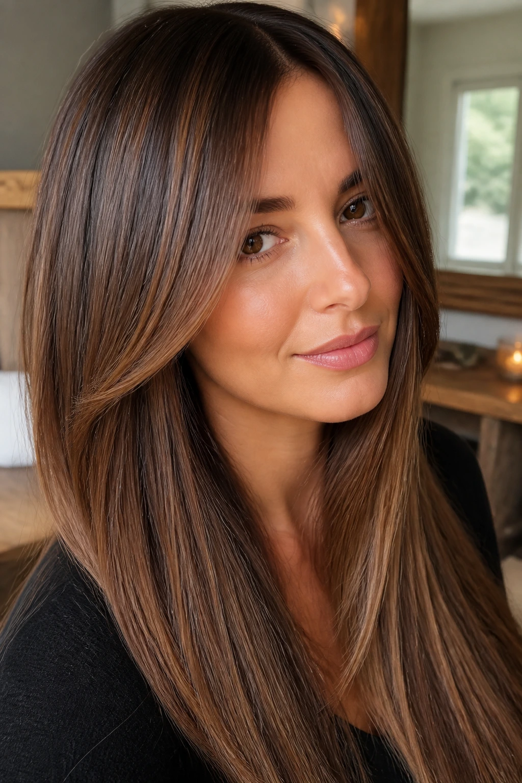Close-up portrait of a real woman with cinnamon and chestnut balayage on straight hair.