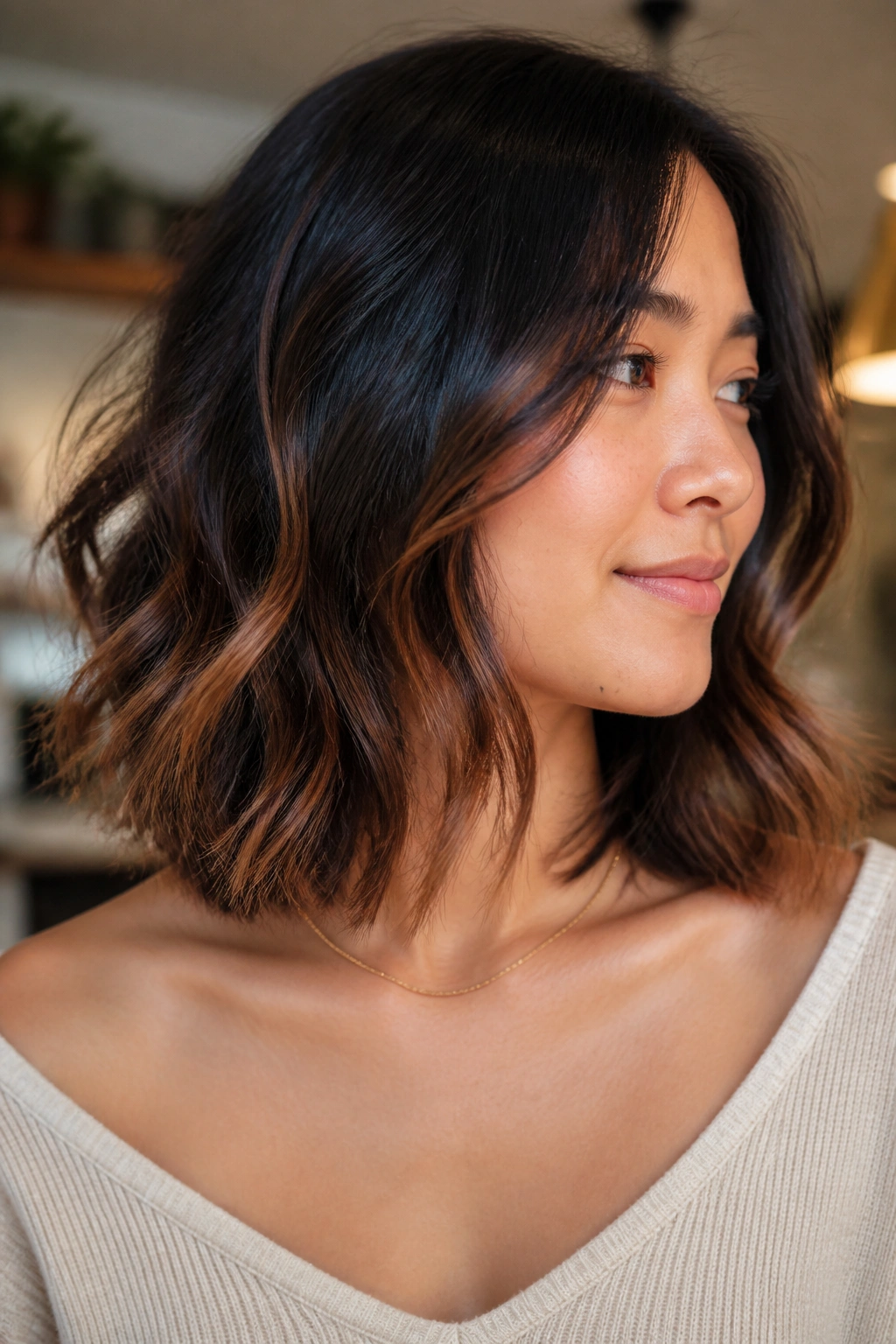 Portrait of a woman with cinnamon glaze on collarbone length hair