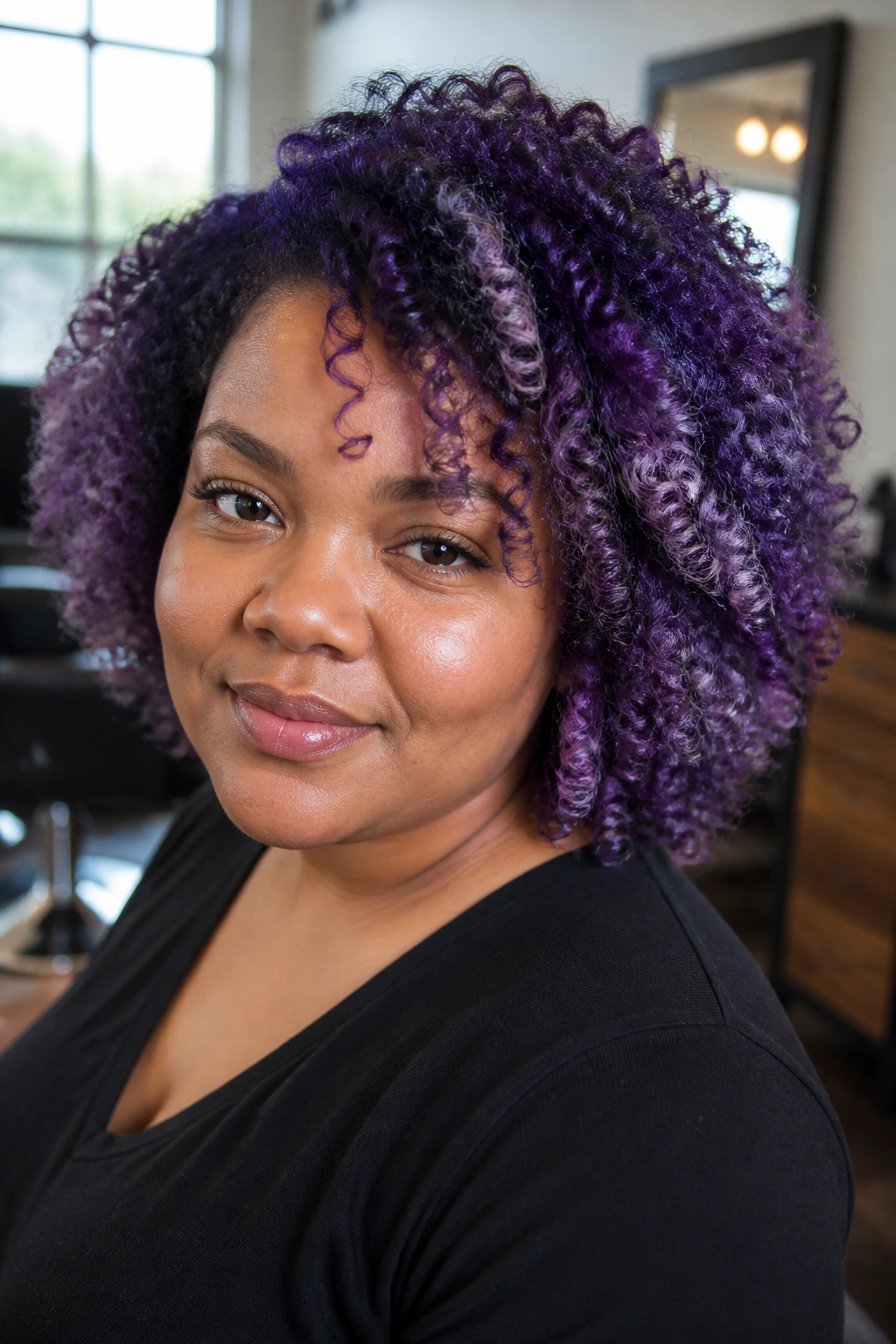 Real person with iridescent purple balayage on coil curls under natural daylight