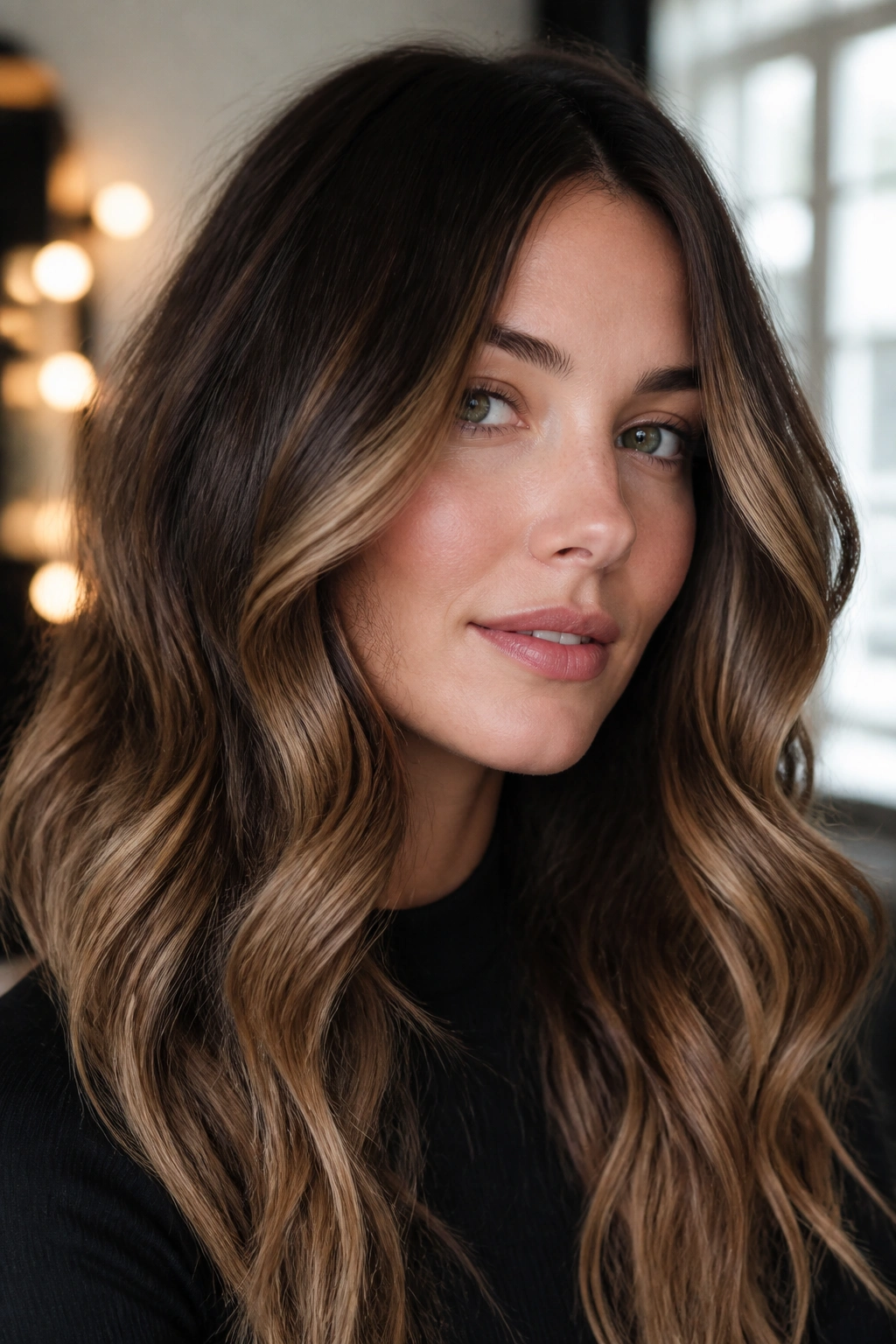 Close-up portrait of cool brunette base with brown caramel balayage around mid-lengths and ends.