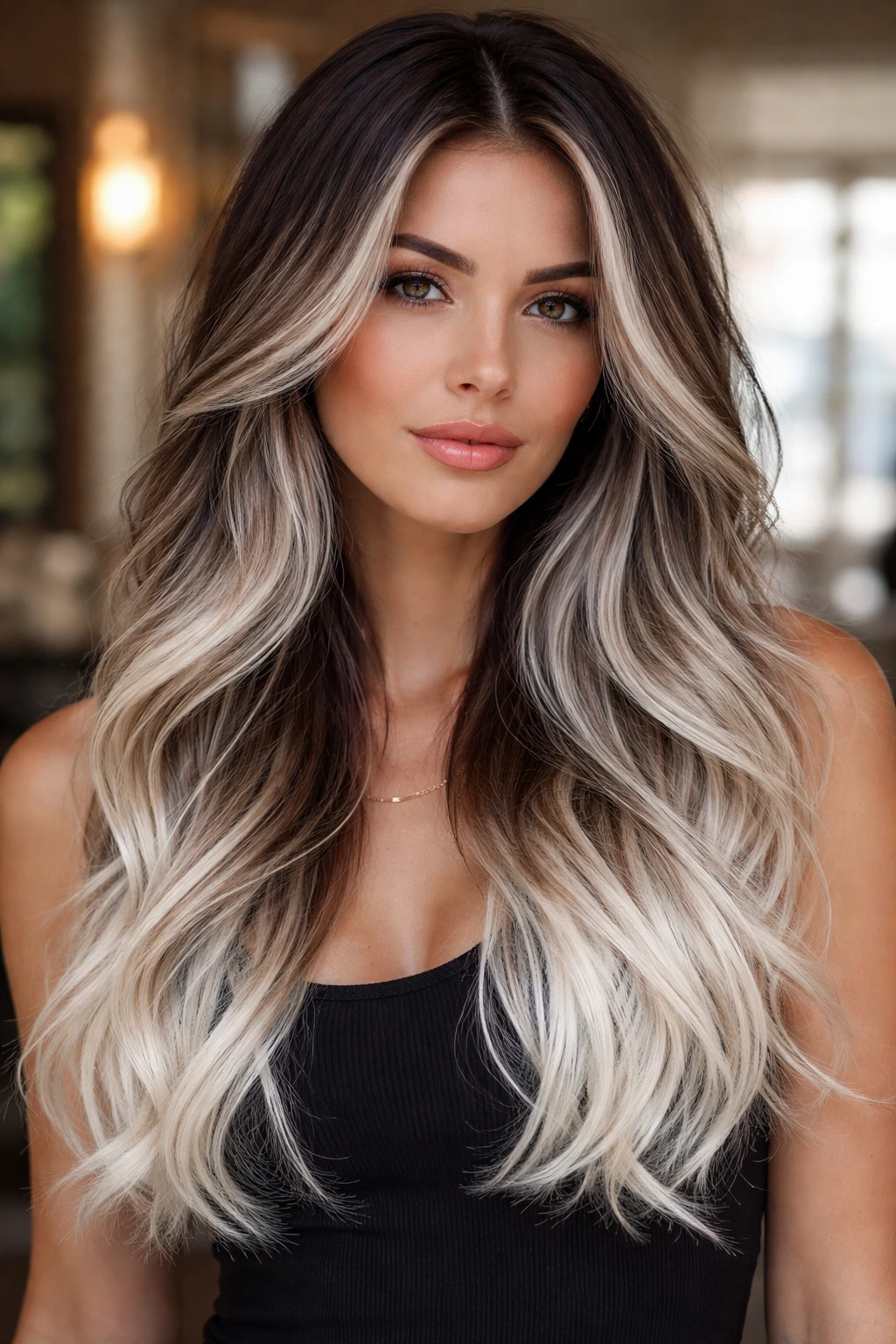 Portrait of a real woman with cool-toned balayage fading to bright ends.