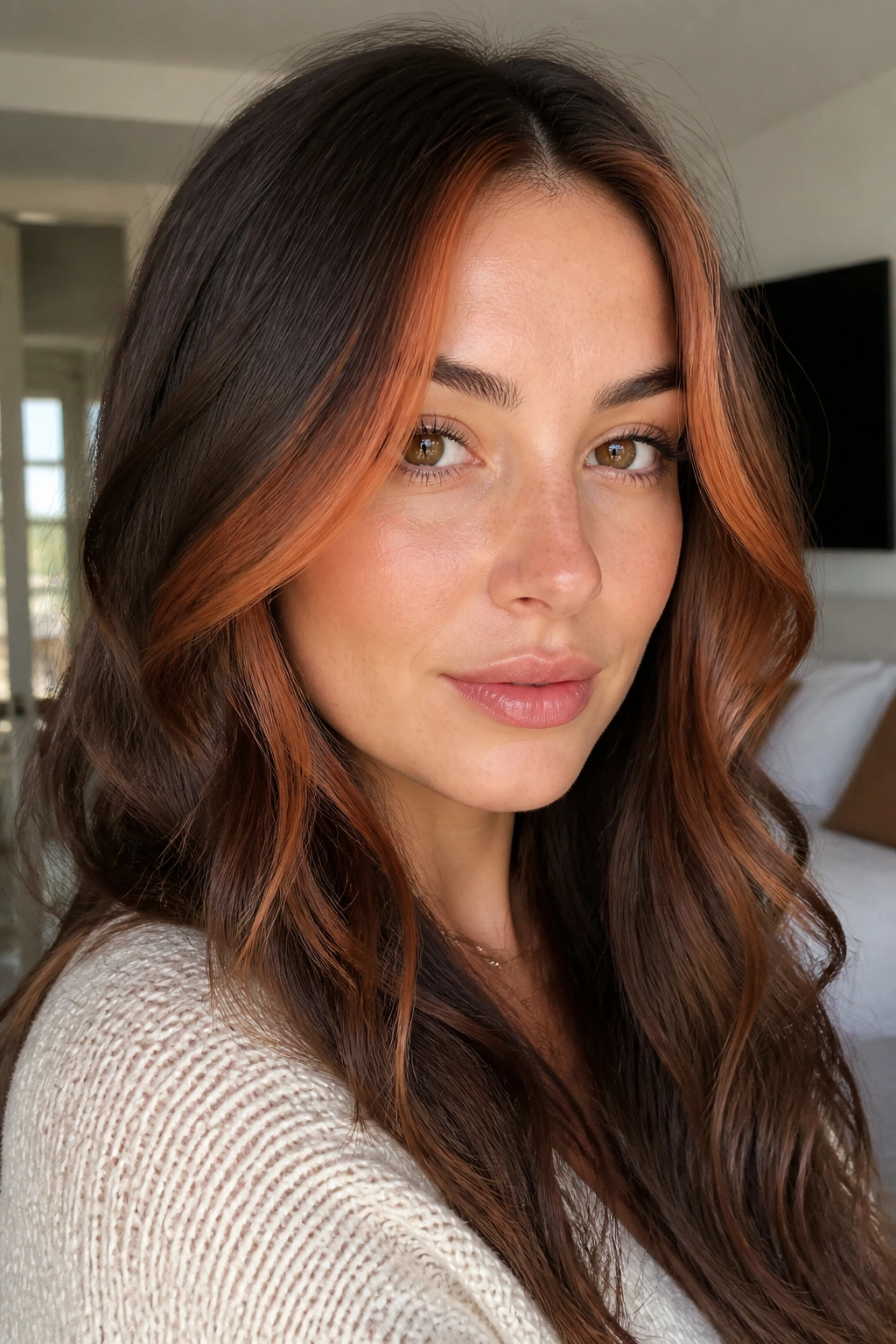 Real woman with brunette hair featuring copper apricot face-framing pieces around the cheeks.