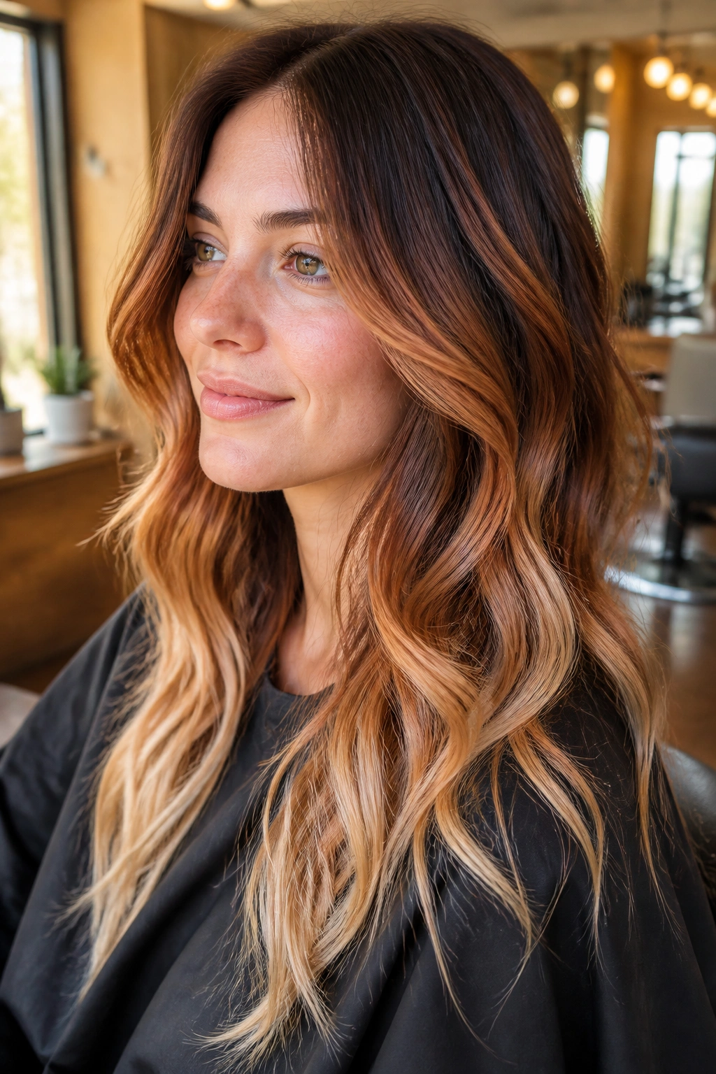 Close-up of a real woman showing flame-kissed balayage with copper and blonde ends on brown hair