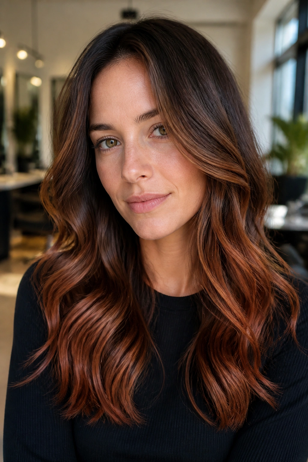 Close-up of a real woman's head featuring Chestnut Brown Balayage With Cool Copper Ends