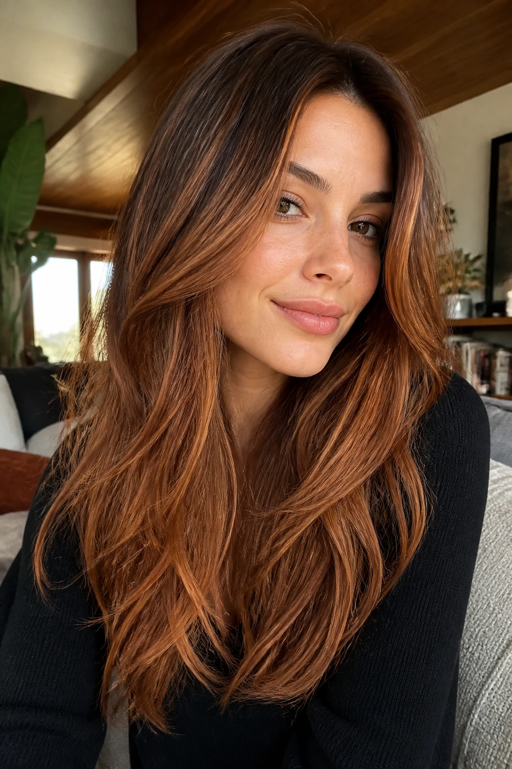 Close-up portrait of a real woman with copper balayage and long face-slimming layers.
