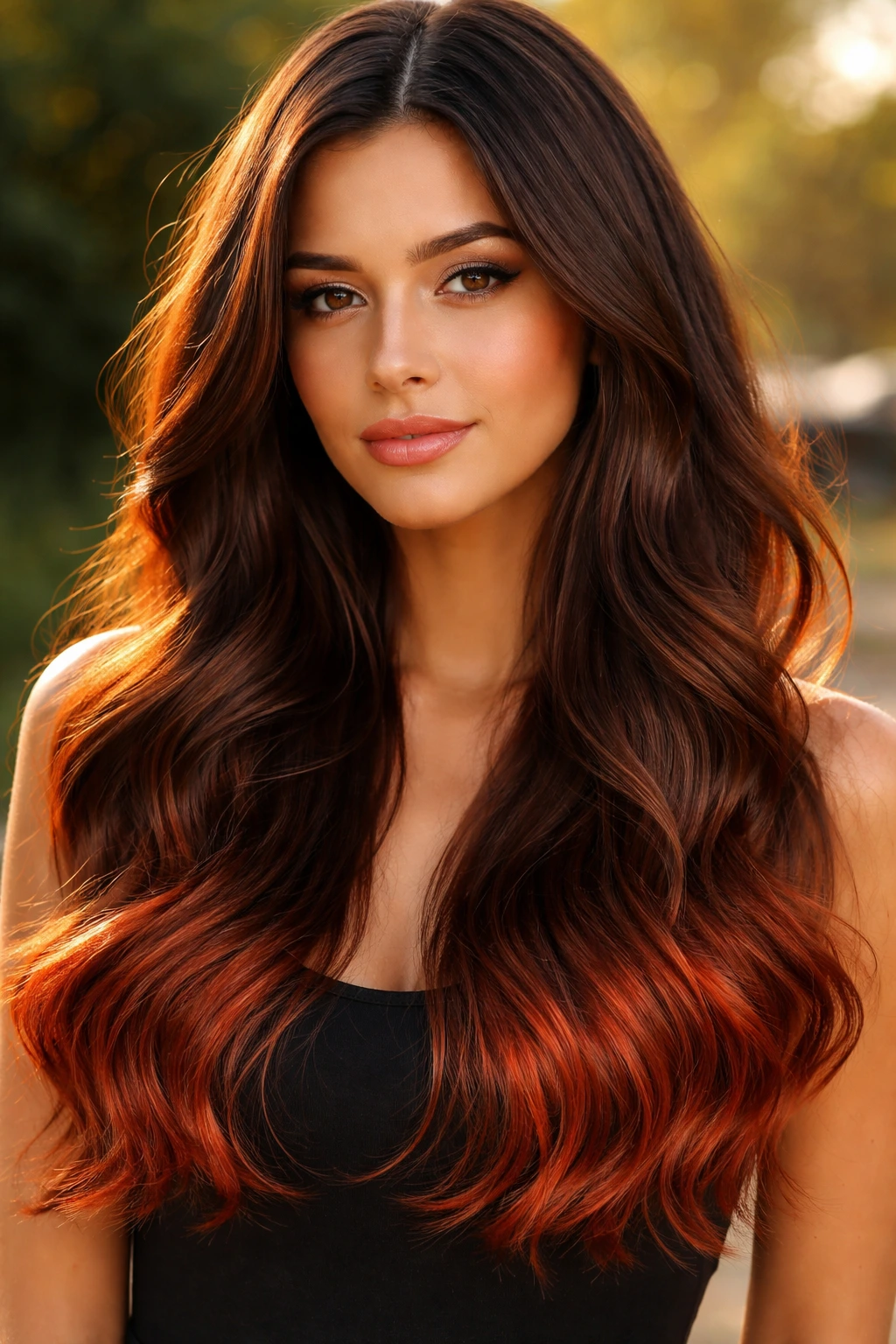 Close-up of brown hair with copper-red tipped ends