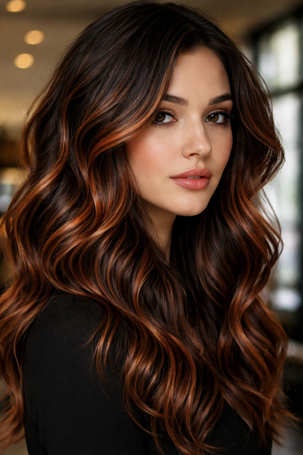 Close-up of smoky copper balayage on ash-brown base with textured waves.