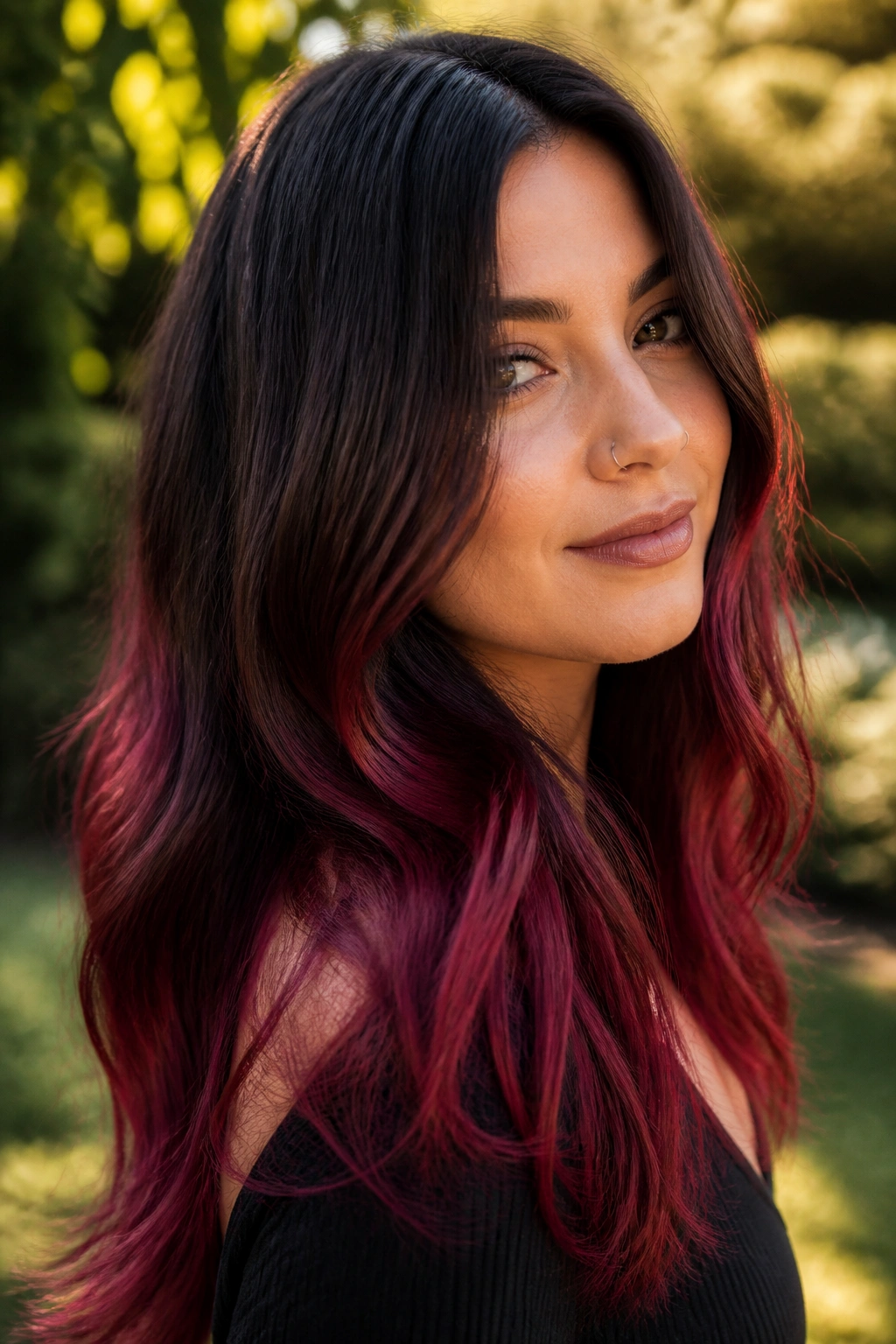 Close-up of real woman with cranberry ends and deep roots balayage on espresso brown hair