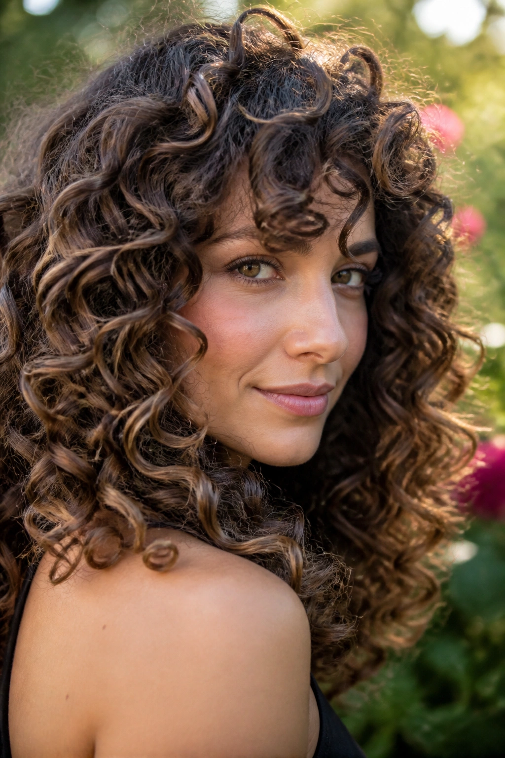 Close-up of a real woman with cool chestnut balayage on curls