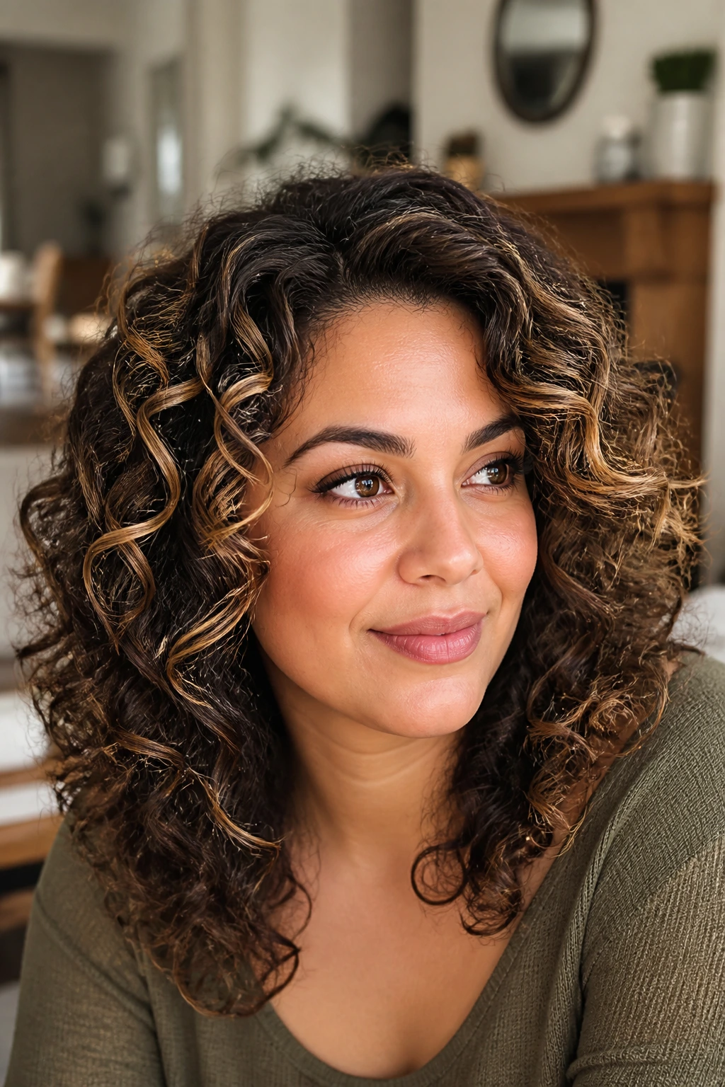 Close-up of soft curls showing hidden dimension in darker and lighter tones.