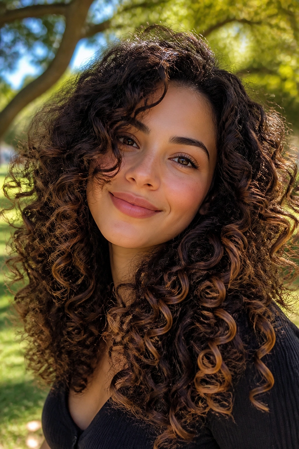Close-up of a real person with curly hair featuring chocolate brown balayage