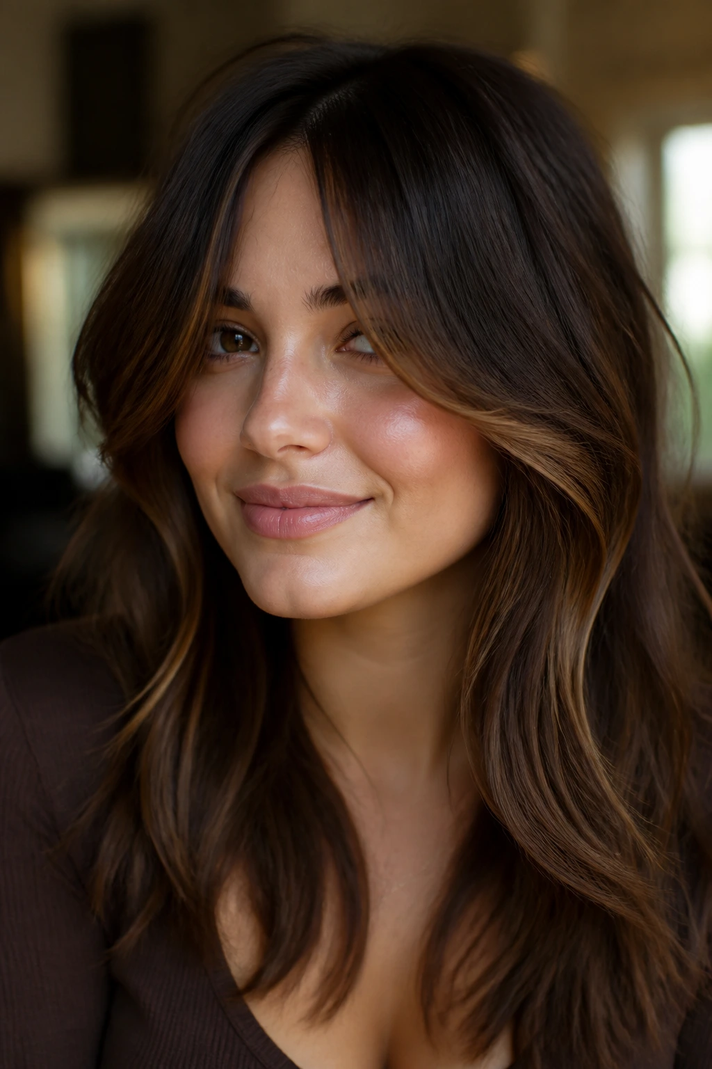 Portrait of woman with curtain bangs and money piece in warm light