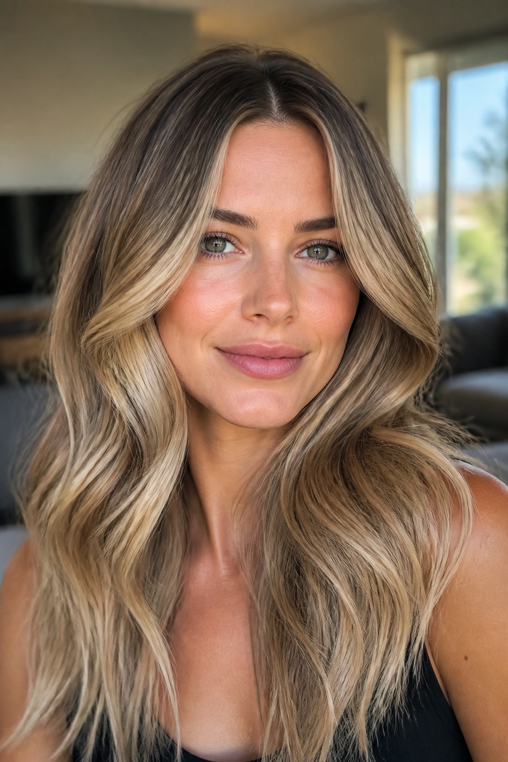 Close-up portrait of a woman with creamy balayage on a dark blonde base, face framed by soft ribbons