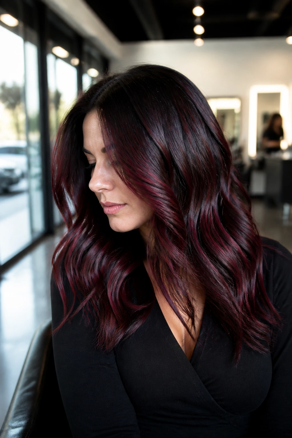 Close-up of dark brown hair with mahogany balayage ribbons and darker roots