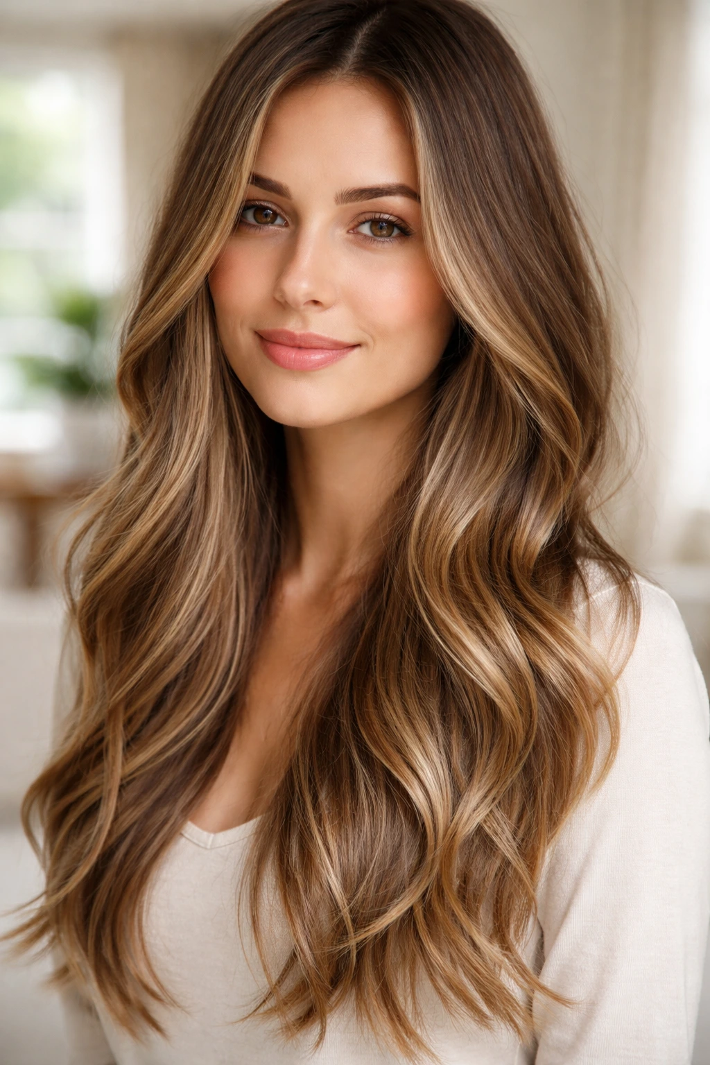 Close-up of real woman with subtle balayage highlights creating depth