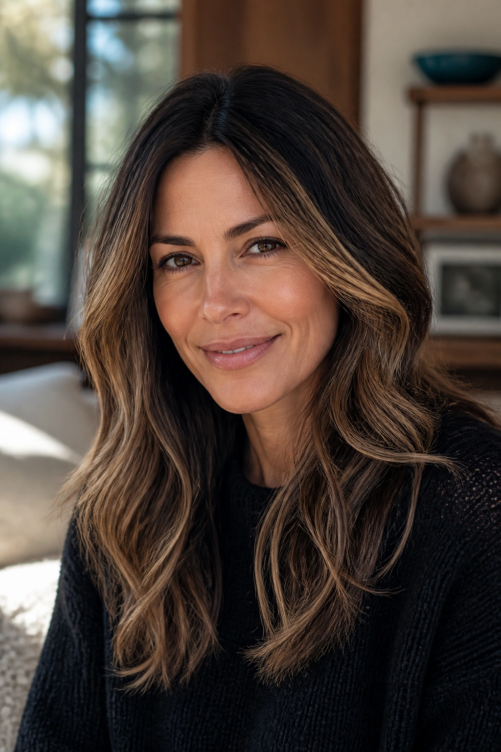 Close-up of espresso brown hair with golden blonde balayage around the face