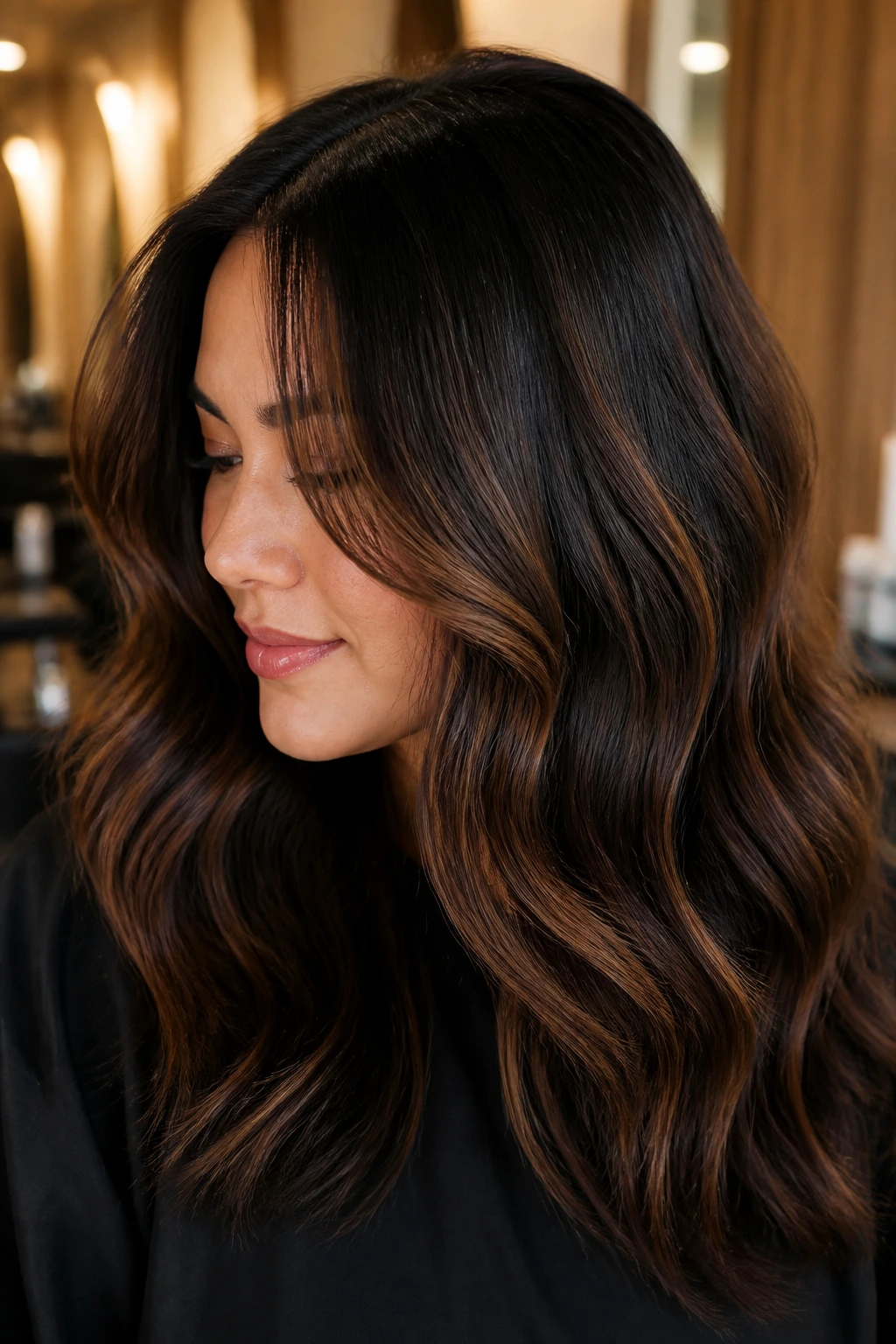 Close-up of a real woman showing deep espresso roots and cinnamon balayage veils in warm salon lighting.