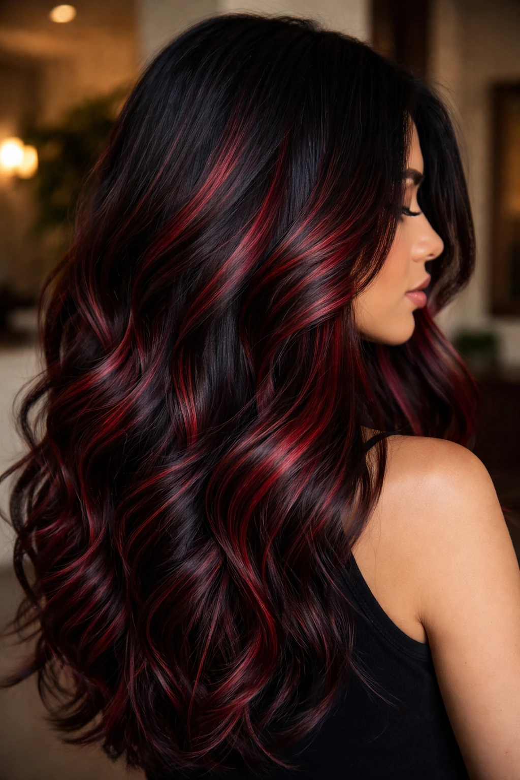 Close-up of espresso-black hair with crimson highlights