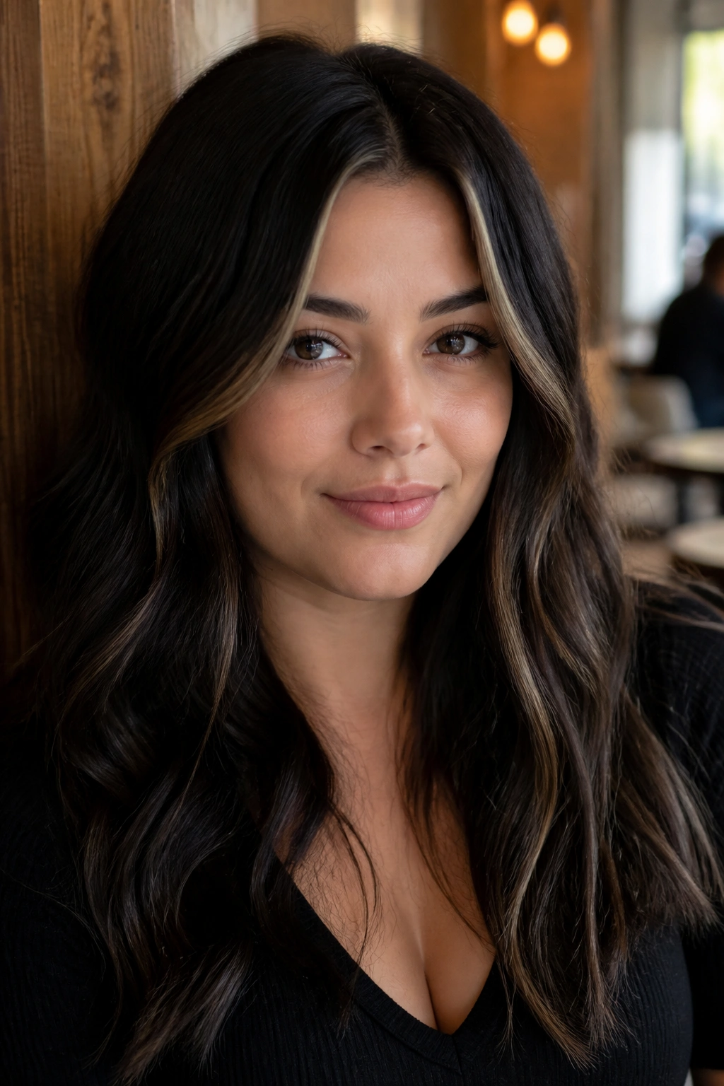 Portrait of a woman with an espresso base and a thin money piece in a cafe setting.