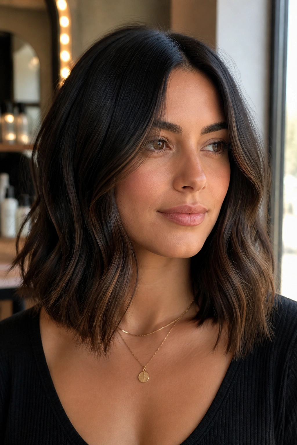 Close-up of a real person with a collarbone-length lob and espresso ribbon balayage